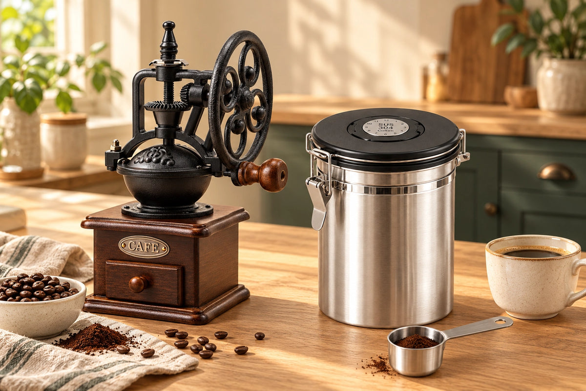 Vintage-Handkaffeemühle Café d’Antan und Edelstahl-Kaffeedose Réserve neben einer Tasse Kaffee, Kaffeebohnen und einem Messlöffel auf einer sonnigen Küchenarbeitsfläche.