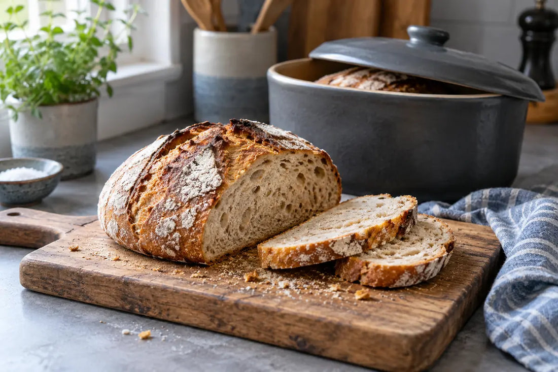 Angeschnittenes Brot mit zwei Scheiben auf einem Holzbrett neben einem grauen Brottopf in einer Küche