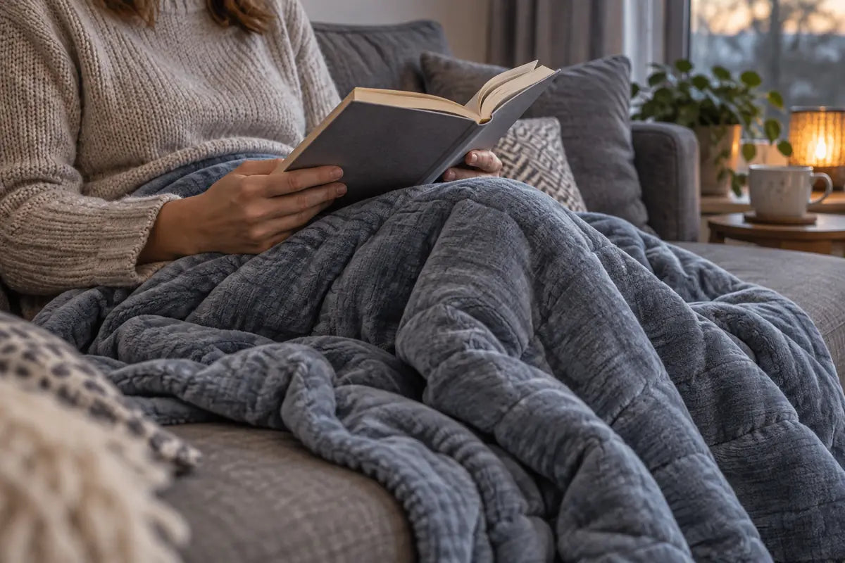 Eine Person liest auf einem grauen Sofa mit einer blau-grauen Decke über den Beinen.