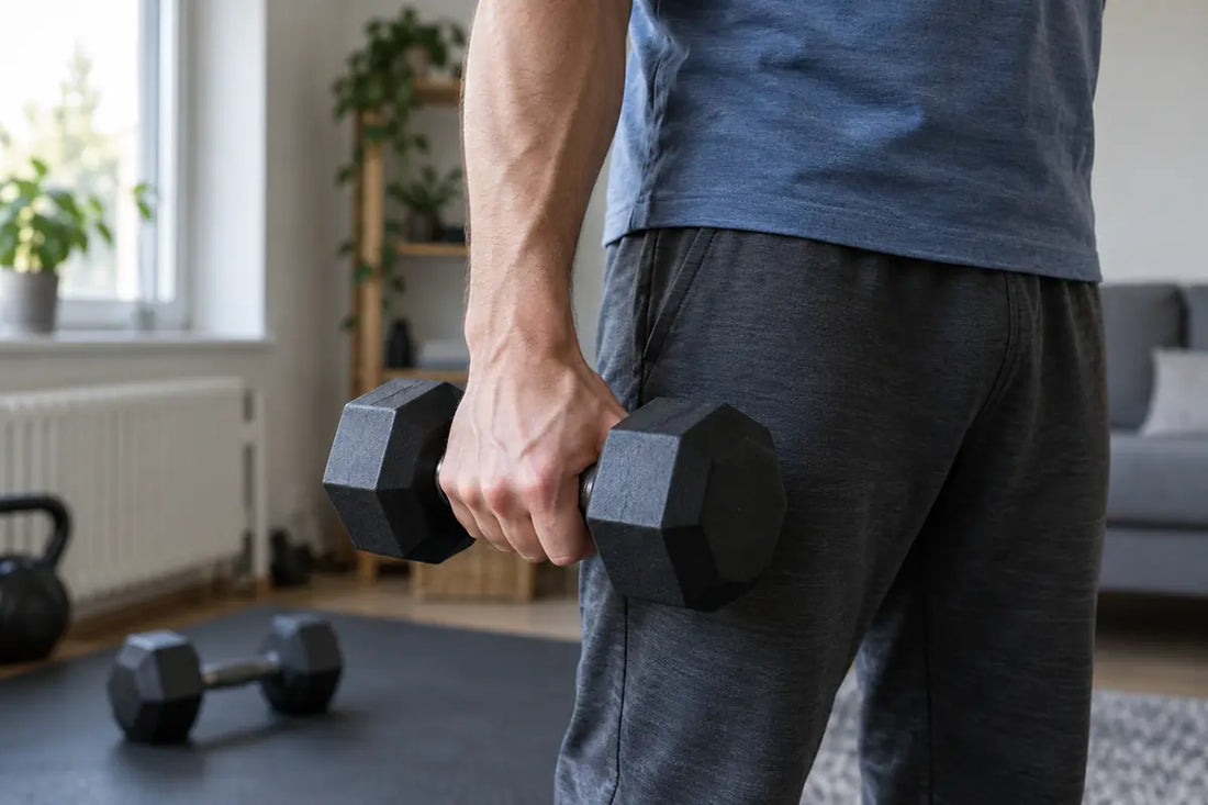 Hand und Unterarm einer Person beim Halten einer schwarzen Kurzhantel während des Krafttrainings zu Hause