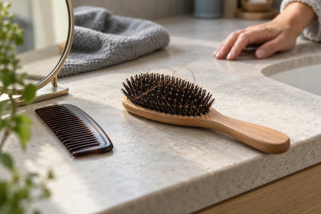 Haarbürste mit ausgefallenen Haaren neben einem Kamm auf einer hellen Badezimmerablage.