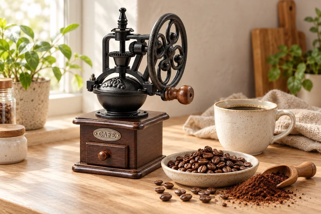 Vintage-Handkaffeemühle neben ganzen Kaffeebohnen, gemahlenem Kaffee und einer Tasse auf einer hellen Küchenarbeitsfläche.