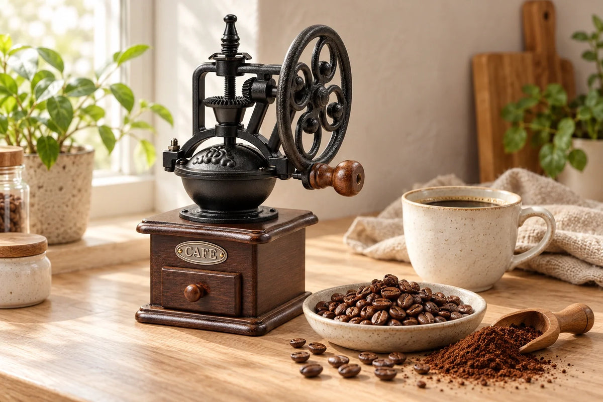 Vintage-Handkaffeemühle neben ganzen Kaffeebohnen, gemahlenem Kaffee und einer Tasse auf einer hellen Küchenarbeitsfläche.