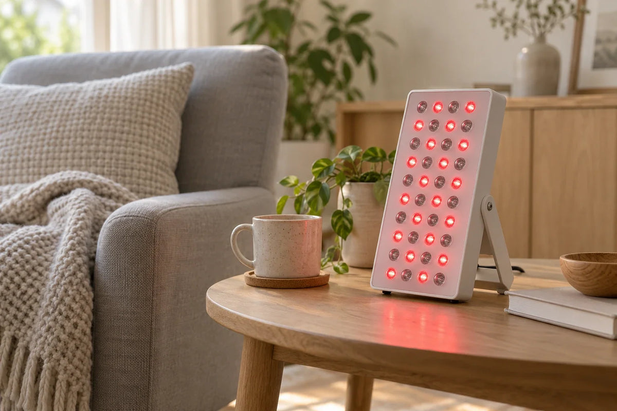 LED-Rotlichtlampe auf einem Holztisch neben einem hellgrauen Sessel in einer natürlich beleuchteten Wohnumgebung.