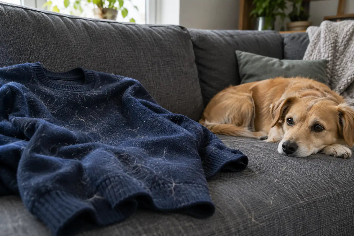 Tierhaare auf einem dunkelblauen Pullover und einem grauen Sofa neben einem liegenden Hund