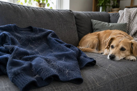 Tierhaare auf einem dunkelblauen Pullover und einem grauen Sofa neben einem liegenden Hund