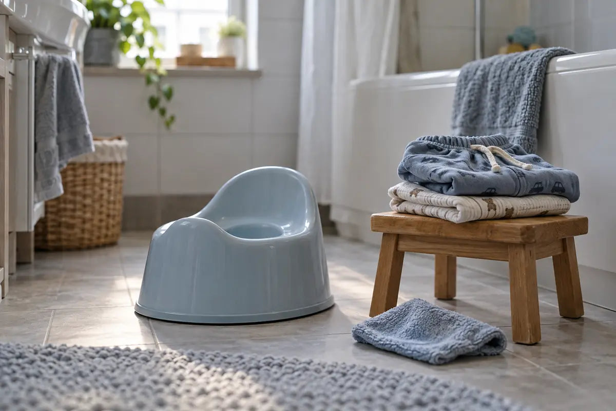 Blaues Töpfchen neben einem Holzhocker mit gefalteter Kinderkleidung im Badezimmer