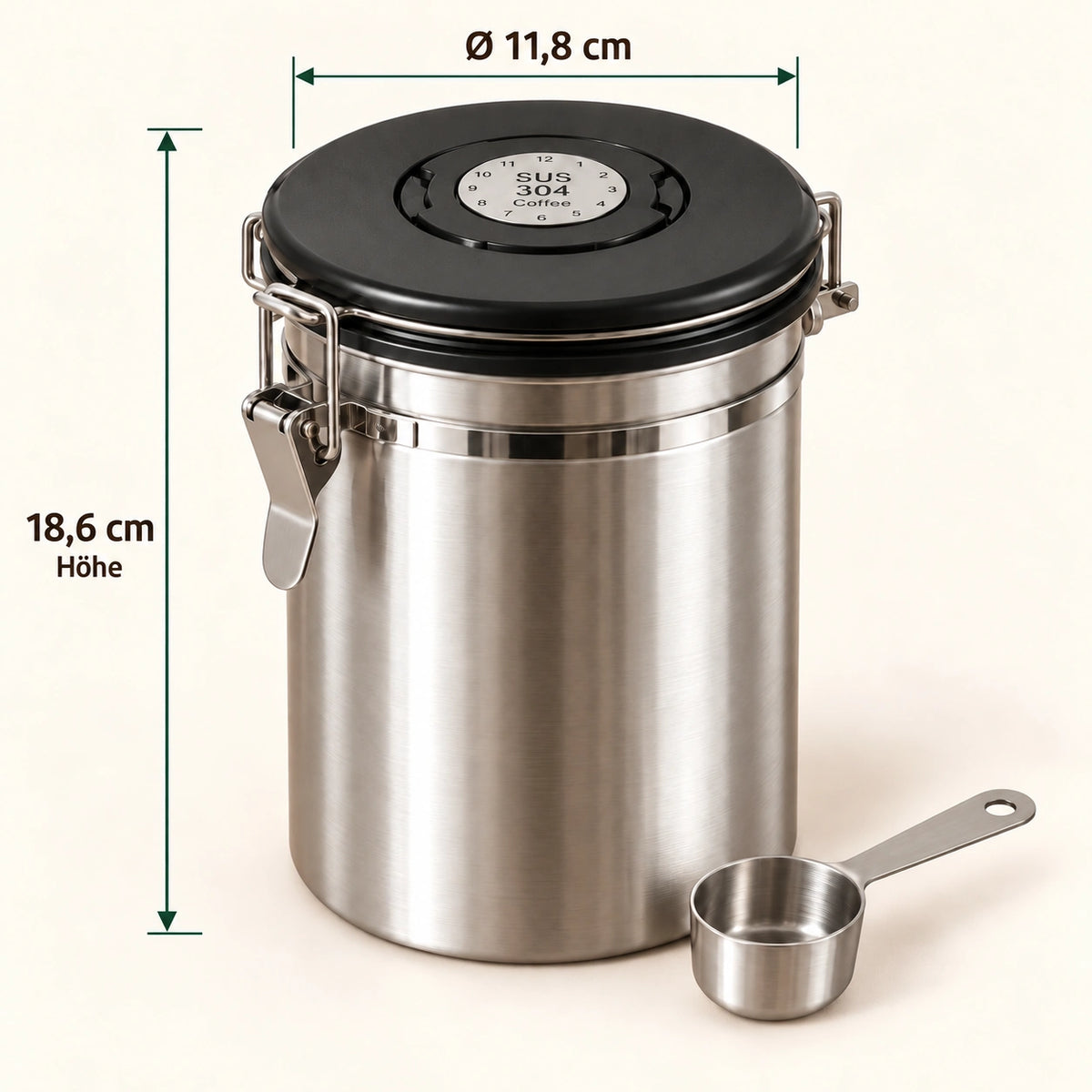 Edelstahl-Kaffeedose Réserve mit Messlöffel und Maßangaben: 18,6 cm Höhe und 11,8 cm Behälterdurchmesser.