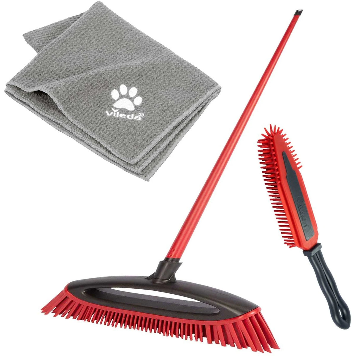 Vileda Pet Pro Set mit rotem Always Clean Gummibesen, Polsterbürste und grauem Microfaser-Handtuch XL.