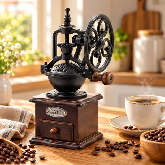 Vintage-Handkaffeemühle neben einer Tasse Kaffee und gerösteten Kaffeebohnen auf einem Holztisch am Fenster.