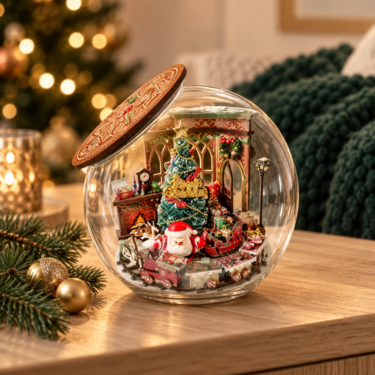 WeihnachtsZauber auf einem Holztisch mit Tannenzweigen, goldenen Kugeln und warmen Weihnachtslichtern im Hintergrund.