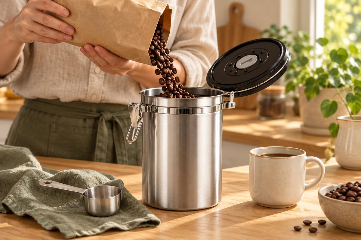 Eine Person füllt Kaffeebohnen aus einer Papiertüte in die geöffnete Kaffeedose Réserve auf einer hellen Küchenarbeitsfläche.