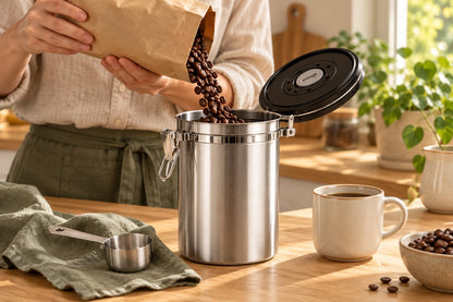 Eine Person füllt Kaffeebohnen aus einer Papiertüte in die geöffnete Kaffeedose Réserve auf einer hellen Küchenarbeitsfläche.