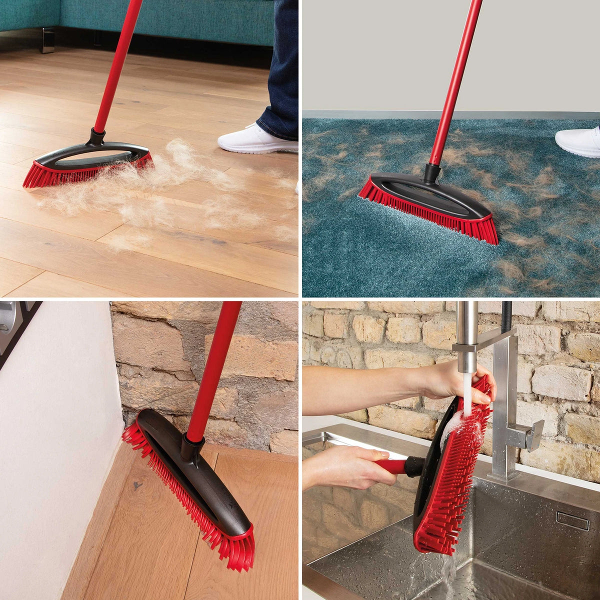 Vier Ansichten des Vileda Pet Pro Besens: Anwendung auf Hartboden und Teppich, schräger Besenkopf und Reinigung unter Wasser.