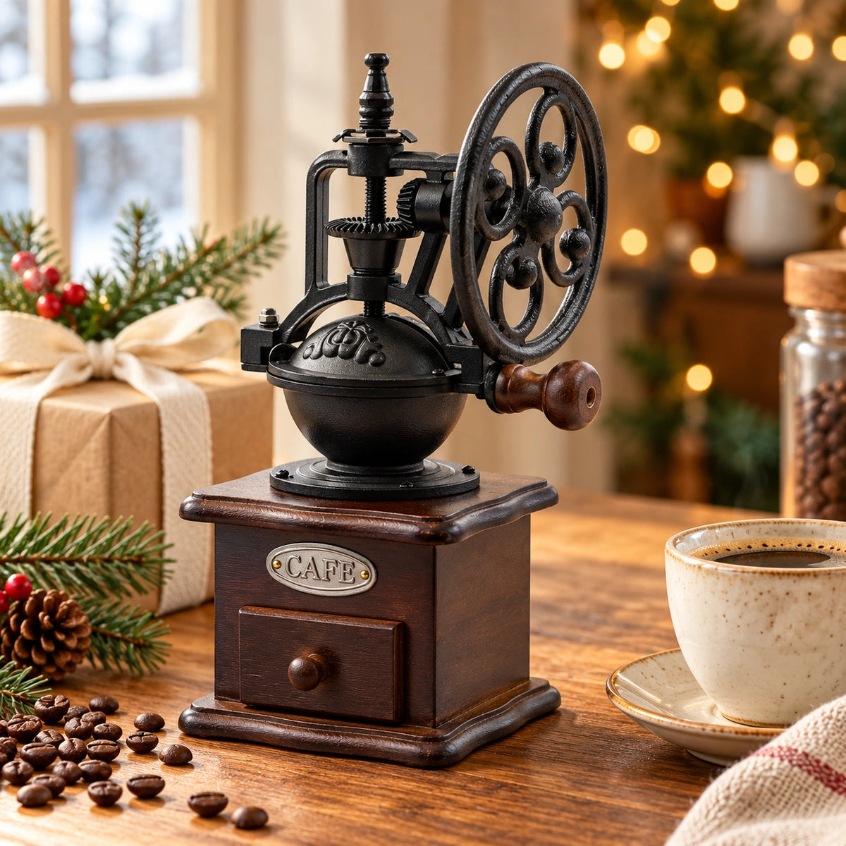 Vintage-Handkaffeemühle neben einem verpackten Geschenk, Tannenzweigen und einer Kaffeetasse im warmen Weihnachtslicht.