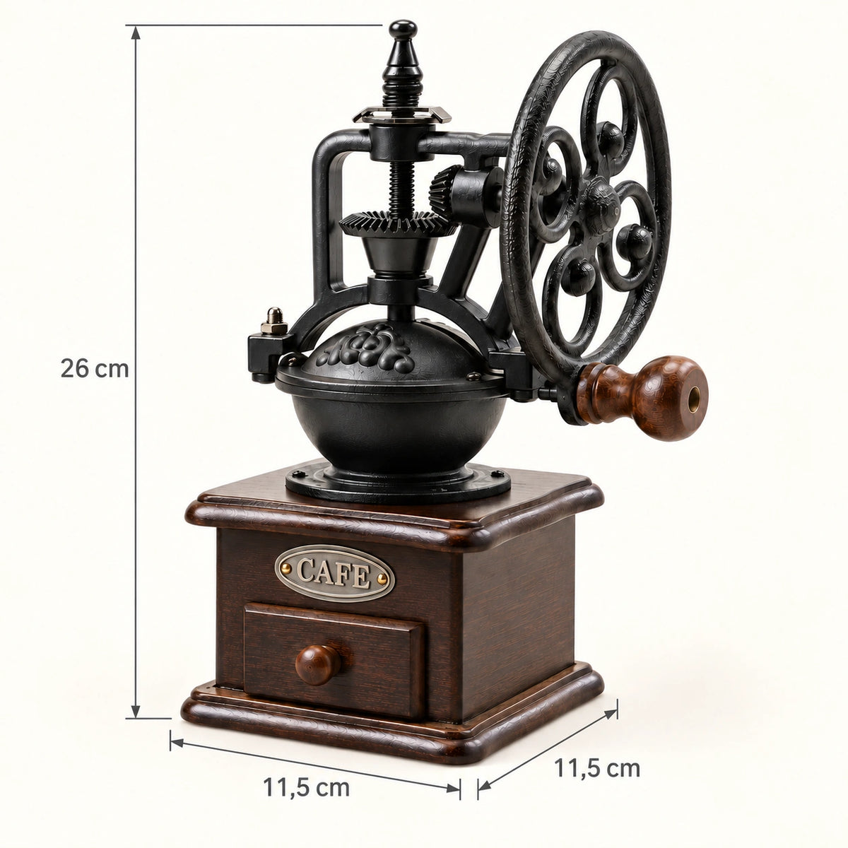 Maße der Vintage-Handkaffeemühle: 26 cm Gesamthöhe und eine Grundfläche von 11,5 × 11,5 cm.