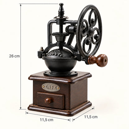 Maße der Vintage-Handkaffeemühle: 26 cm Gesamthöhe und eine Grundfläche von 11,5 × 11,5 cm.
