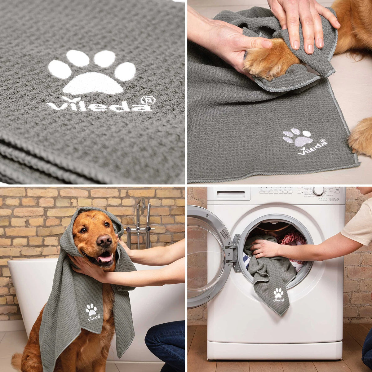 Vier Ansichten des Vileda Pet Pro Handtuchs: Waffelstruktur mit Logo, Abtrocknen eines Hundes und Reinigung in der Waschmaschine.