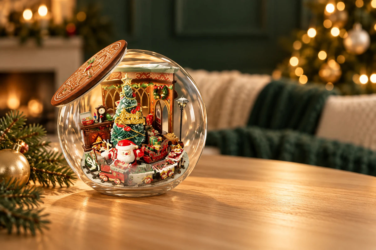 WeihnachtsZauber auf einem Holztisch vor einem gemütlichen Wohnzimmer mit grünen Textilien und leuchtendem Weihnachtsbaum.