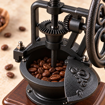 Geöffnete Bohnenkammer mit Kaffeebohnen, mittiger Antriebswelle und seitlich ausgeschwenktem, befestigtem Deckel