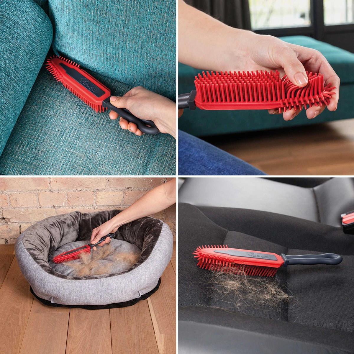 Vier Ansichten der Vileda Pet Pro Polsterbürste: Reinigung einer Sofaecke, Gummiborsten im Detail, Anwendung im Hundebett und auf einem Autositz.