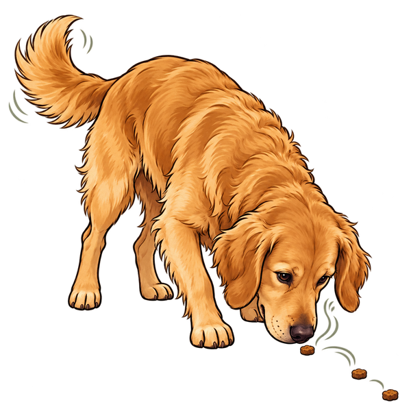Comic-Illustration eines Hundes, der eine Spur aus kleinen Leckerlis erschnüffelt.
