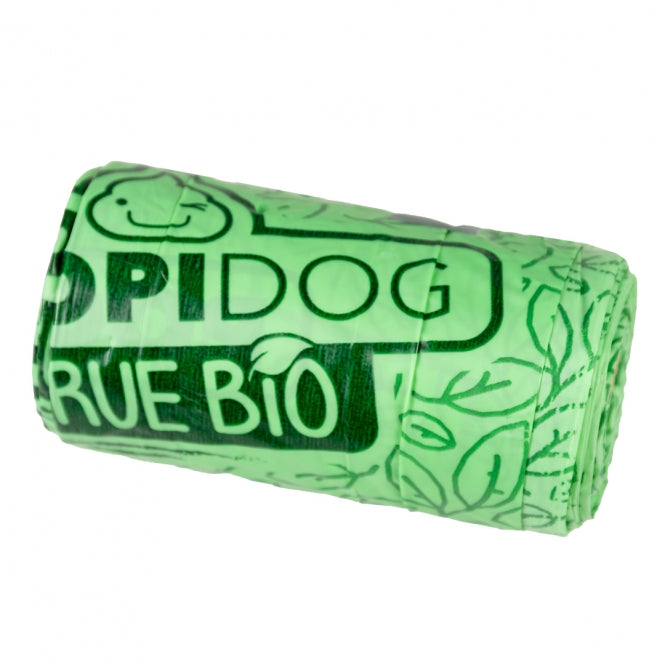 Grüne Rolle Poopidog True Bio Hundekotbeutel mit Markenaufdruck.
