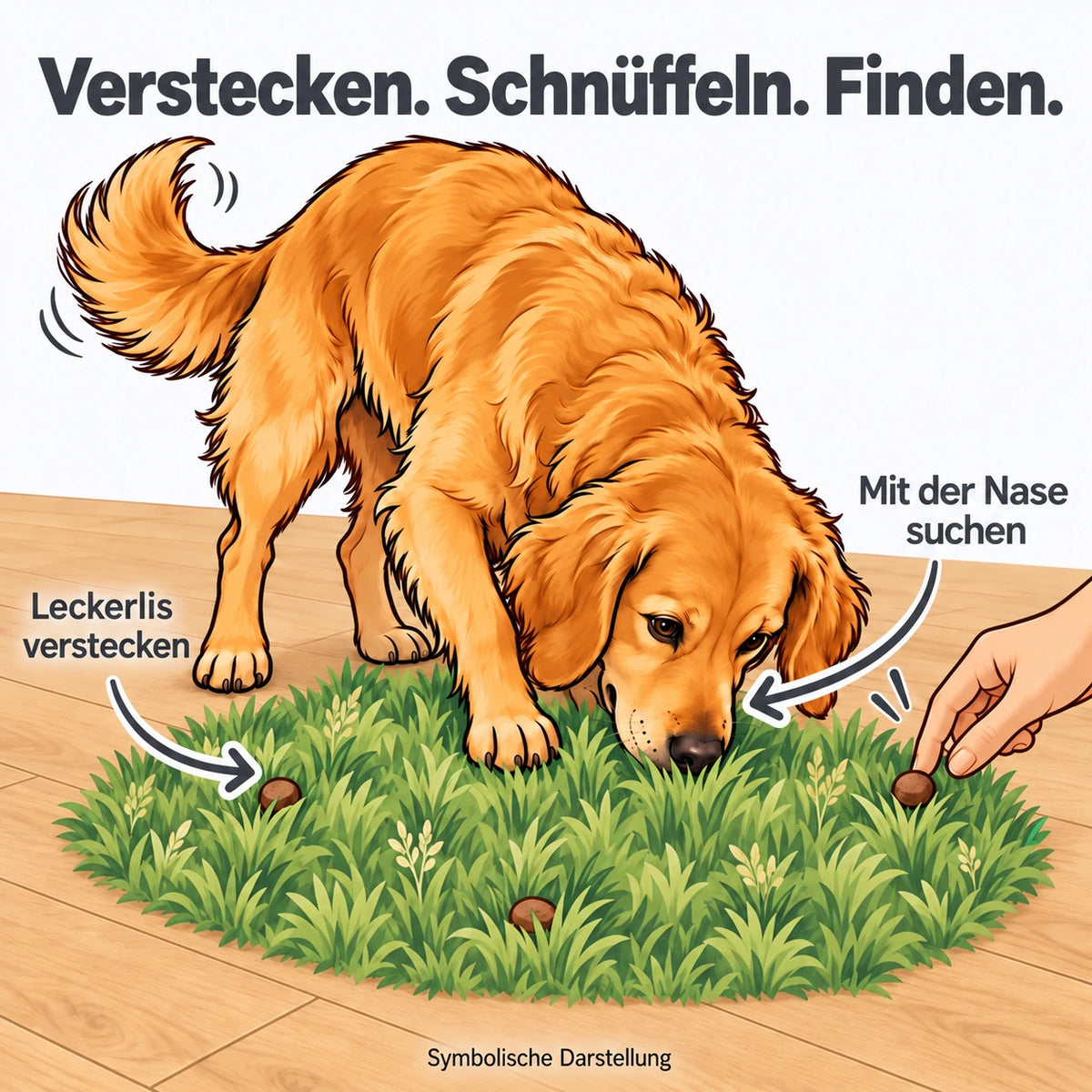 Comic-Illustration eines beigen Hundes, der versteckte Leckerlis in einer symbolischen Grasfläche erschnüffelt. Eine Hand legt einen Snack hinein. Überschrift: Verstecken. Schnüffeln. Finden.