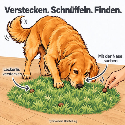 Comic-Illustration eines beigen Hundes, der versteckte Leckerlis in einer symbolischen Grasfläche erschnüffelt. Eine Hand legt einen Snack hinein. Überschrift: Verstecken. Schnüffeln. Finden.