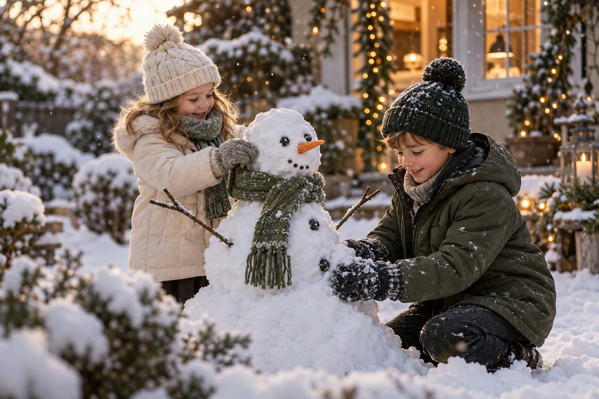 Zwei Kinder bauen gemeinsam einen Schneemann im verschneiten Garten vor einem weihnachtlich beleuchteten Haus.
