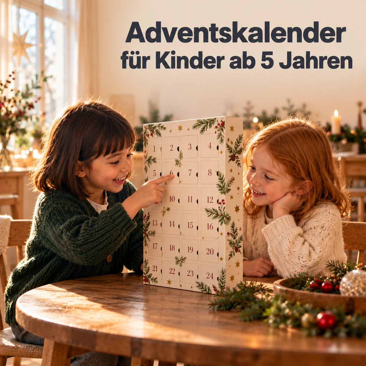 Zwei Mädchen entdecken gemeinsam einen Adventskalender am Holztisch im weihnachtlich dekorierten Wohnzimmer. Schriftzug: Adventskalender für Kinder ab 5 Jahren.