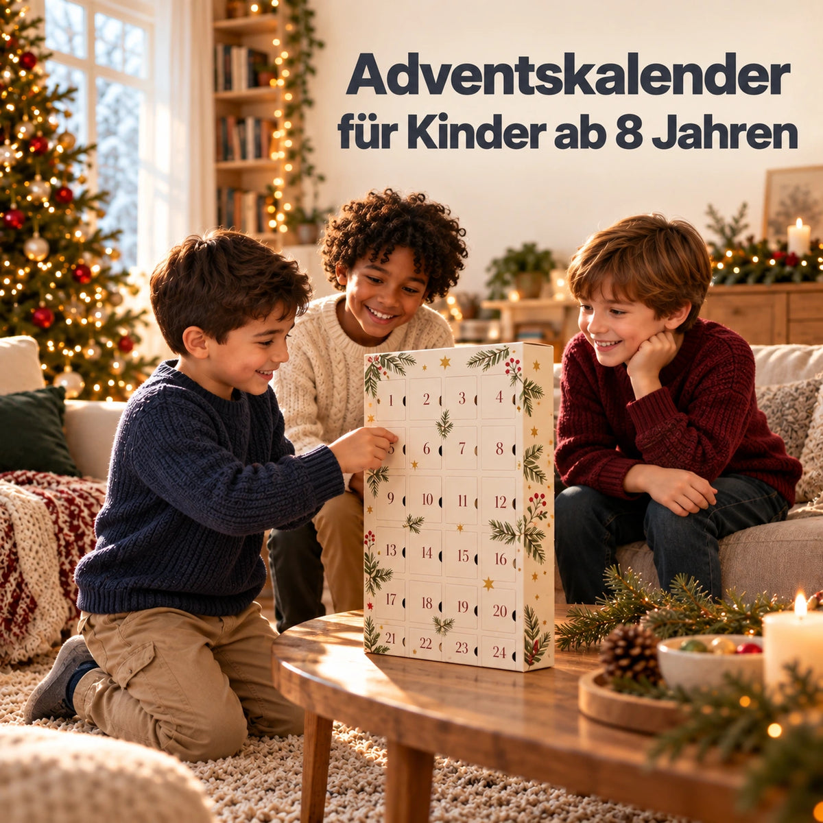 Drei Jungs entdecken gemeinsam einen Adventskalender am Couchtisch im festlich geschmückten Wohnzimmer. Schriftzug: Adventskalender für Kinder ab 8 Jahren.