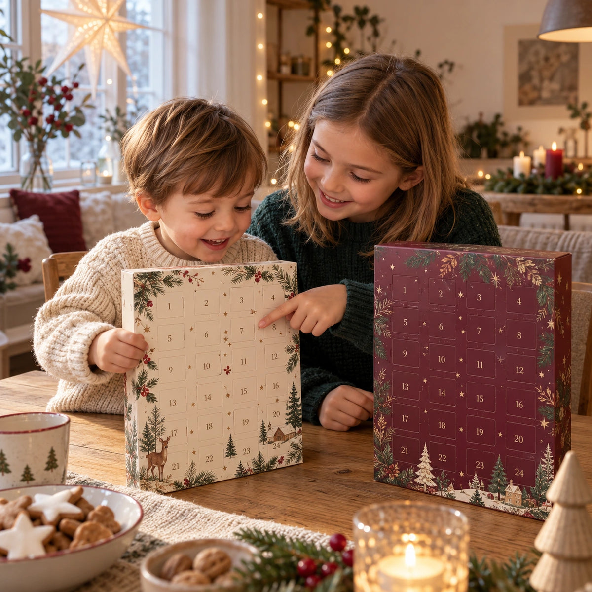 Ein kleiner Junge und seine ältere Schwester entdecken gemeinsam zwei Adventskalender am Holztisch in einem gemütlich dekorierten Wohnzimmer.