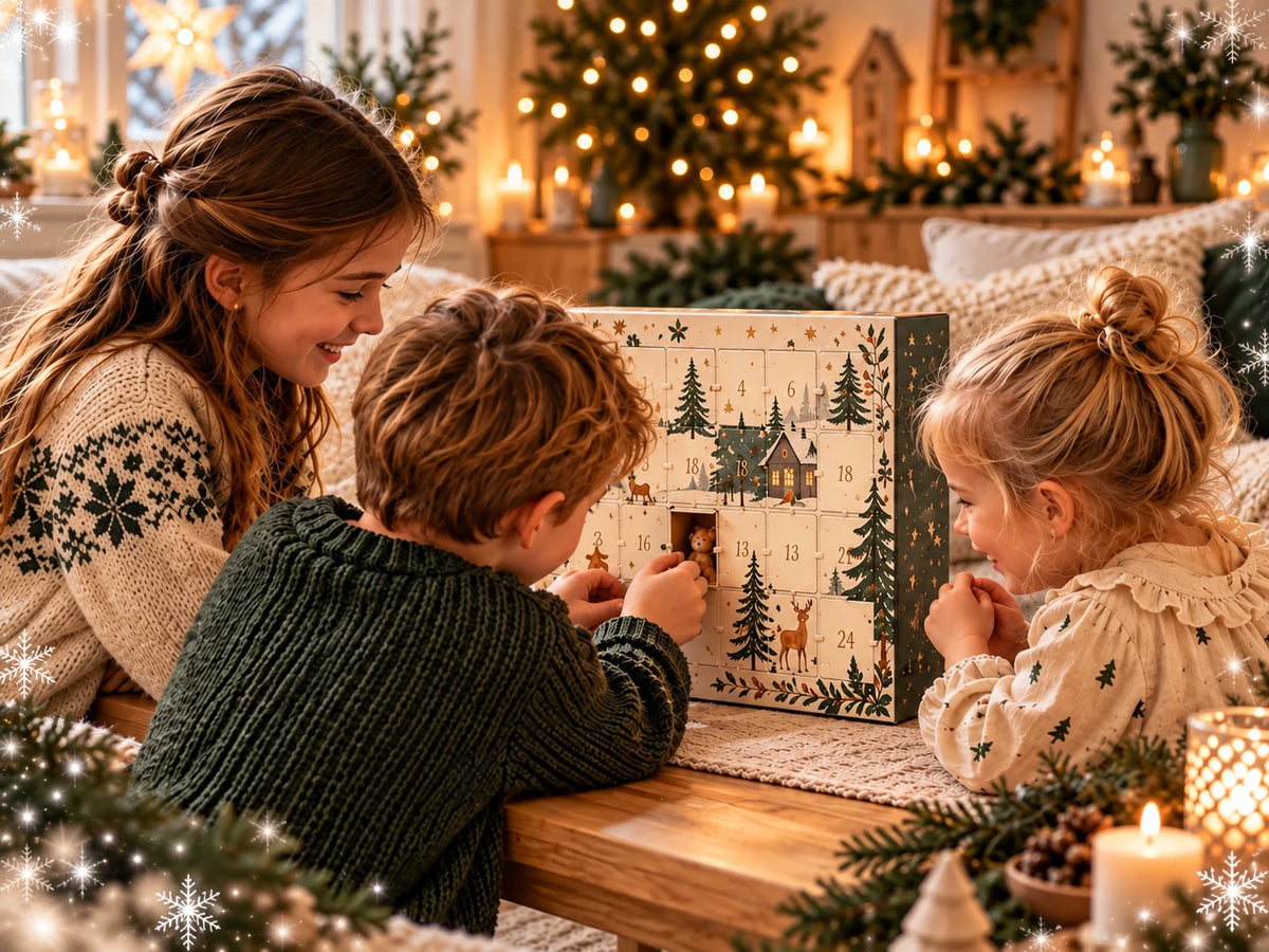 Drei Kinder entdecken gemeinsam einen Adventskalender in einem weihnachtlich geschmückten Wohnzimmer, umrahmt von dekorativen Schneeflocken.