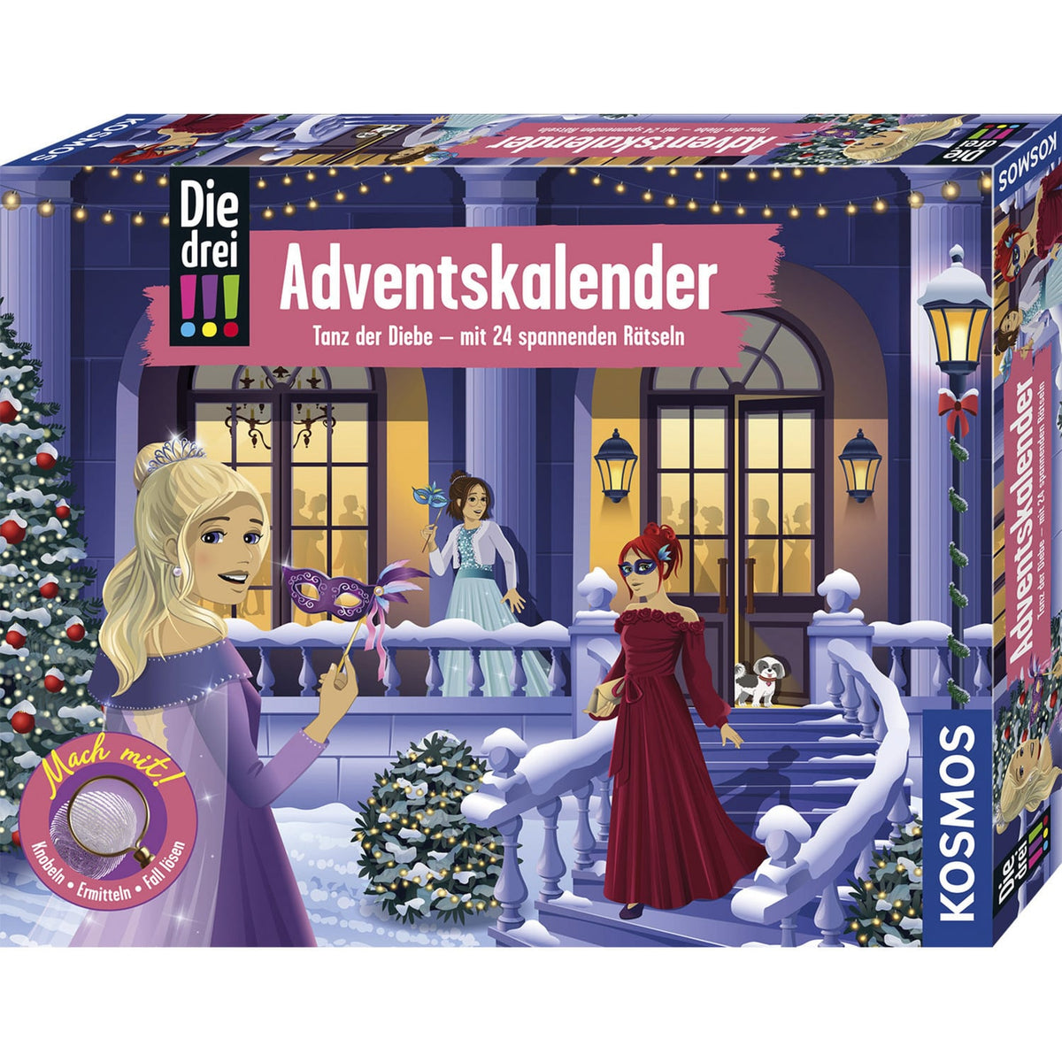 Vorderseite des KOSMOS Die drei !!! Adventskalenders 2026 „Tanz der Diebe“ mit einer winterlichen Maskenball-Szene.