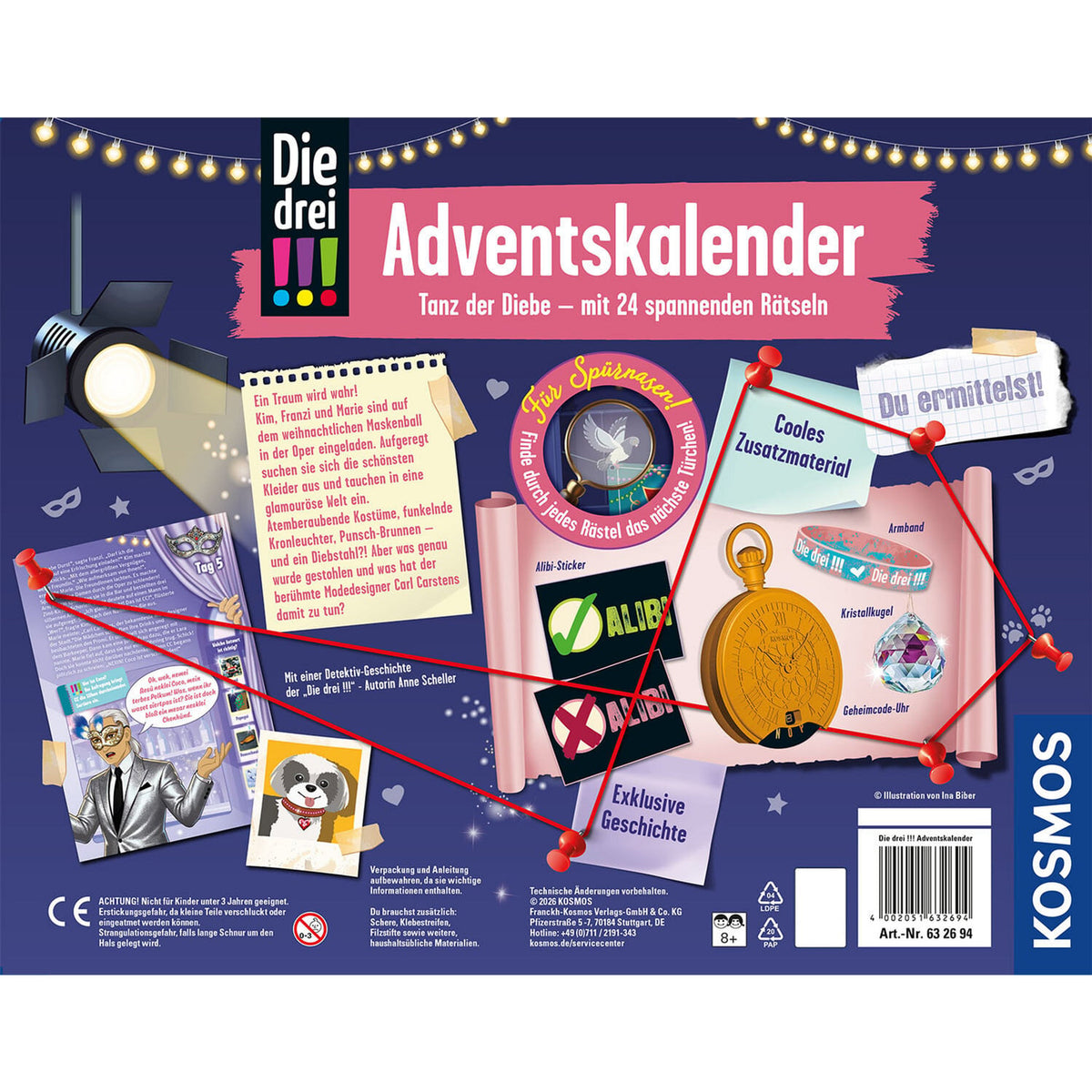 Rückseite des KOSMOS Die drei !!! Adventskalenders 2026 „Tanz der Diebe“ mit Informationen zur Detektivgeschichte und abgebildetem Detektivzubehör.