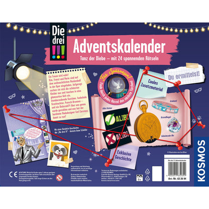 Rückseite des KOSMOS Die drei !!! Adventskalenders 2026 „Tanz der Diebe“ mit Informationen zur Detektivgeschichte und abgebildetem Detektivzubehör.