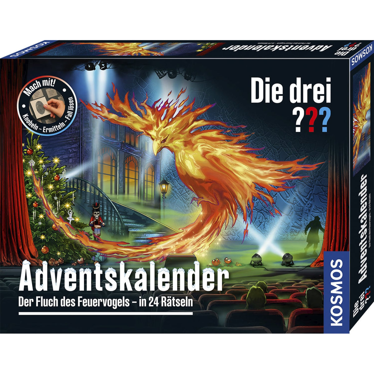 Vorderseite des KOSMOS Die drei ??? Adventskalenders 2026 „Der Fluch des Feuervogels“ mit einem leuchtenden Feuervogel vor einer Theaterkulisse.
