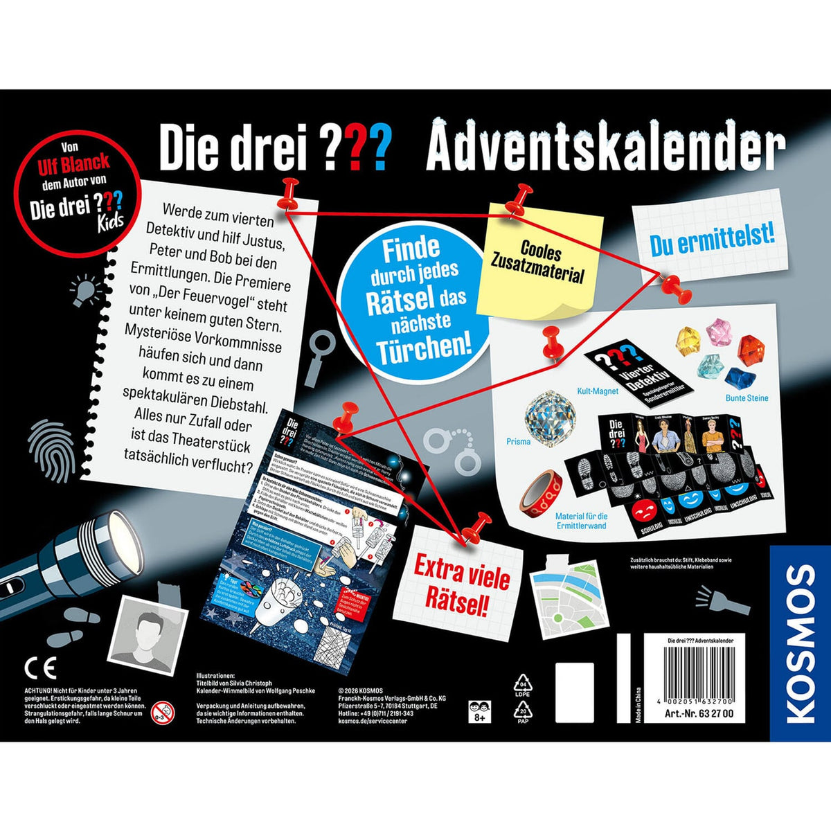 Rückseite des KOSMOS Die drei ??? Adventskalenders 2026 „Der Fluch des Feuervogels“ mit Informationen zu Geschichte, Rätseln und Detektivzubehör.