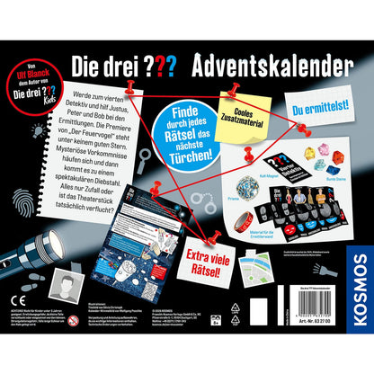 Rückseite des KOSMOS Die drei ??? Adventskalenders 2026 „Der Fluch des Feuervogels“ mit Informationen zu Geschichte, Rätseln und Detektivzubehör.