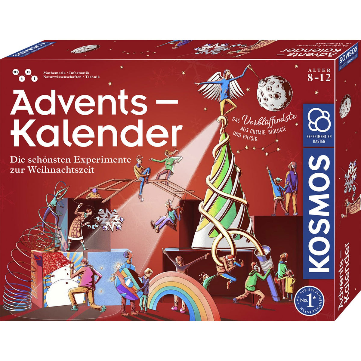 Verpackung des KOSMOS Experimente-Adventskalenders 2026 mit rotem Weihnachtsmotiv und Abbildungen verschiedener Mini-Experimente.