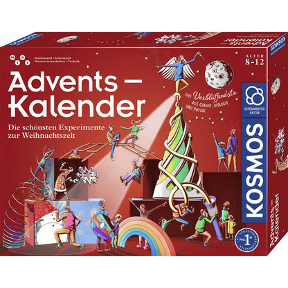 Verpackung des KOSMOS Experimente-Adventskalenders 2026 mit rotem Weihnachtsmotiv und Abbildungen verschiedener Mini-Experimente.