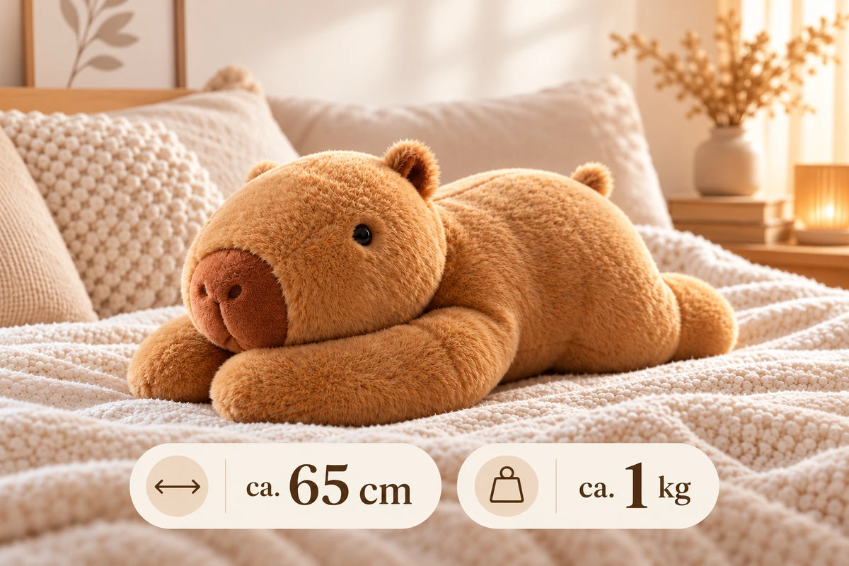 Capybara-Gewichtskuscheltier auf einer cremefarbenen Decke mit Angaben zu Größe und Gewicht: ca. 65 cm und 1 kg.