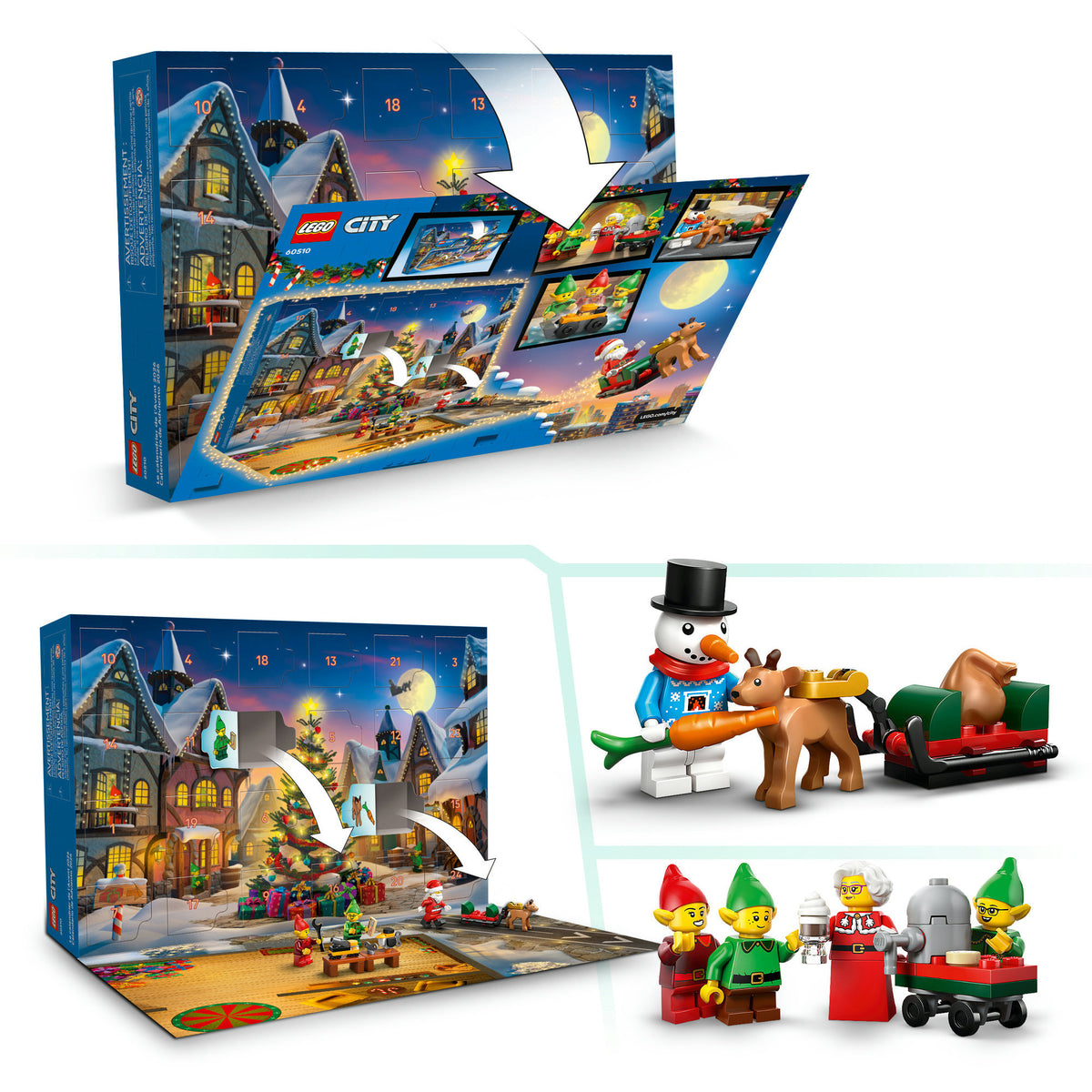 LEGO City Adventskalender 60510 mit geöffneten Türchen, ausklappbarer Spielfläche, Schneemann, Rentier und Weihnachtsfiguren.