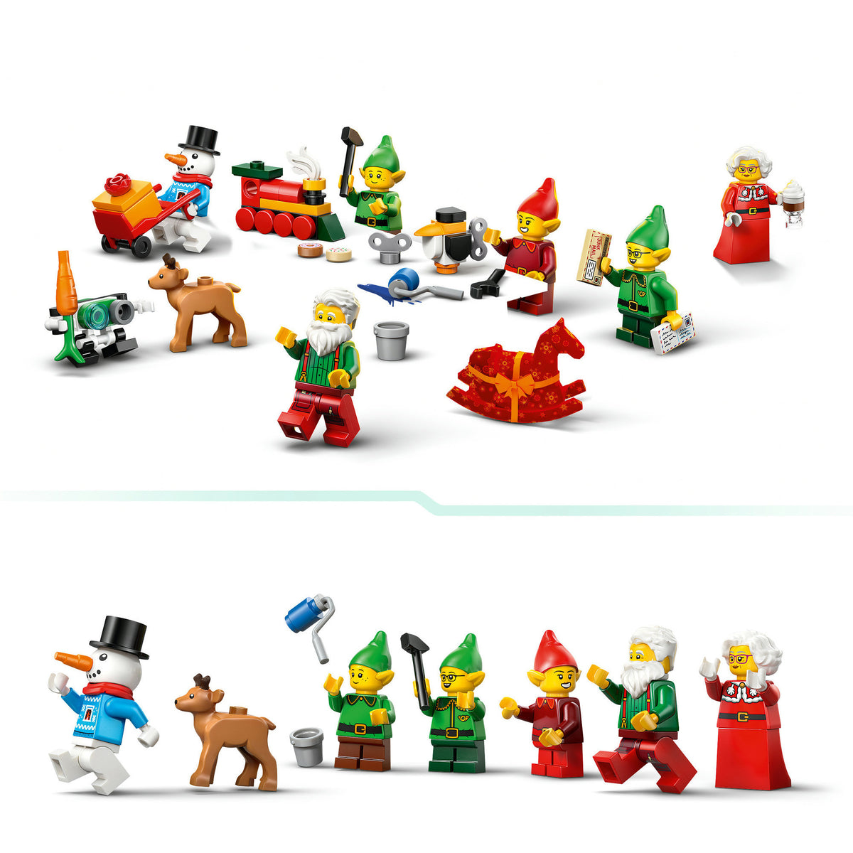 Weihnachtsmann, Weihnachtsfrau, Elfen, Schneemann, Rentier und Mini-Modelle aus dem LEGO City Adventskalender 60510 in Detailansichten.