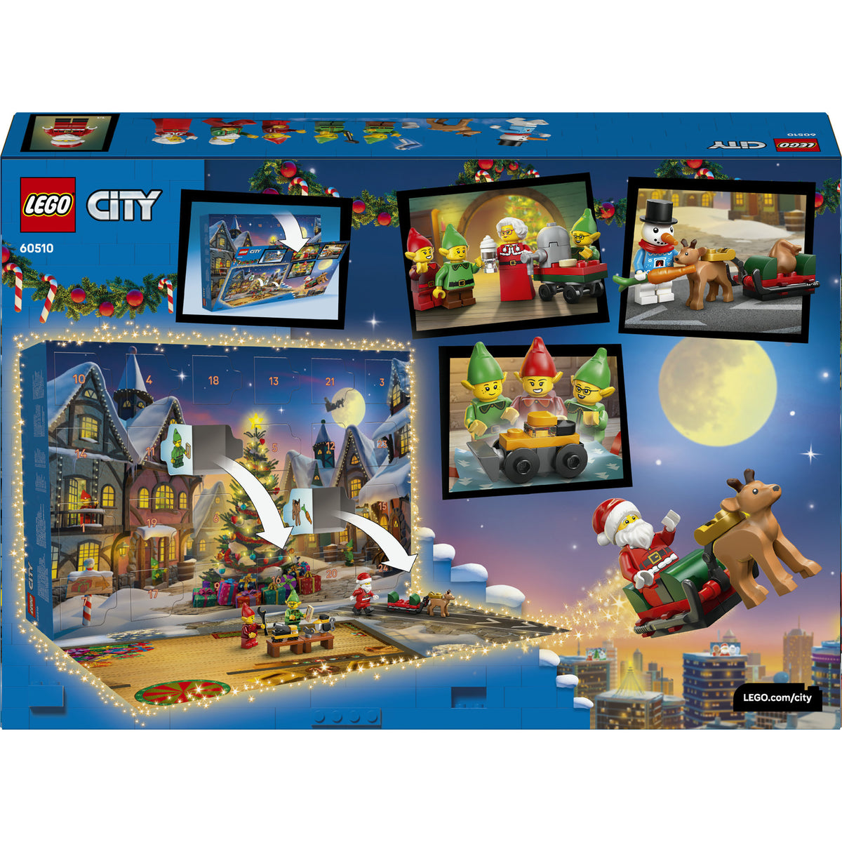 Rückseite der Verpackung des LEGO City Adventskalenders 2026, 60510, mit Abbildungen der enthaltenen Figuren und weihnachtlichen Spielszenen.
