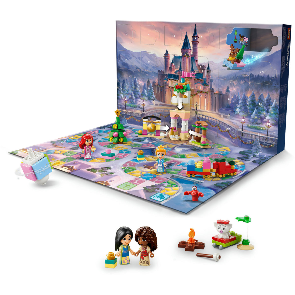 Geöffneter LEGO Disney Princess Adventskalender 43298 mit Schlosskulisse, ausklappbarer Spielfläche, Figuren und Mini-Modellen.