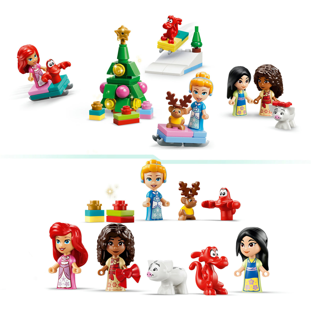Disney-Prinzessinnen, Tierfiguren und weihnachtliche Mini-Modelle aus dem LEGO Disney Princess Adventskalender 43298 in Detailansichten.