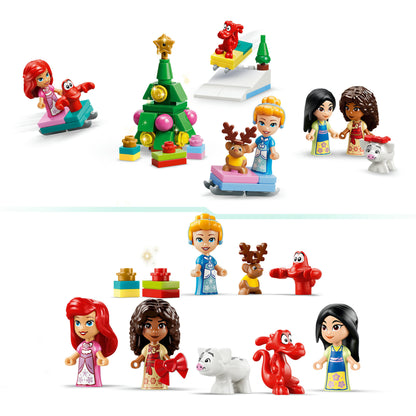 Disney-Prinzessinnen, Tierfiguren und weihnachtliche Mini-Modelle aus dem LEGO Disney Princess Adventskalender 43298 in Detailansichten.