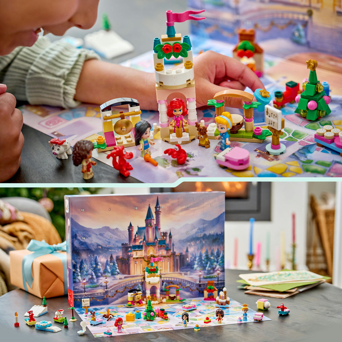 Zwei Spielszenen mit dem LEGO Disney Princess Adventskalender 43298: Ein Kind spielt mit den Figuren und Mini-Modellen vor der Schlosskulisse.